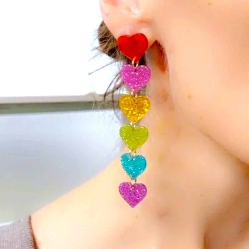 Vibrant❤️🌈Valentine Fun Rainbow Heart Linear Lightweight Statement Earrings - Picture 6 of 7
